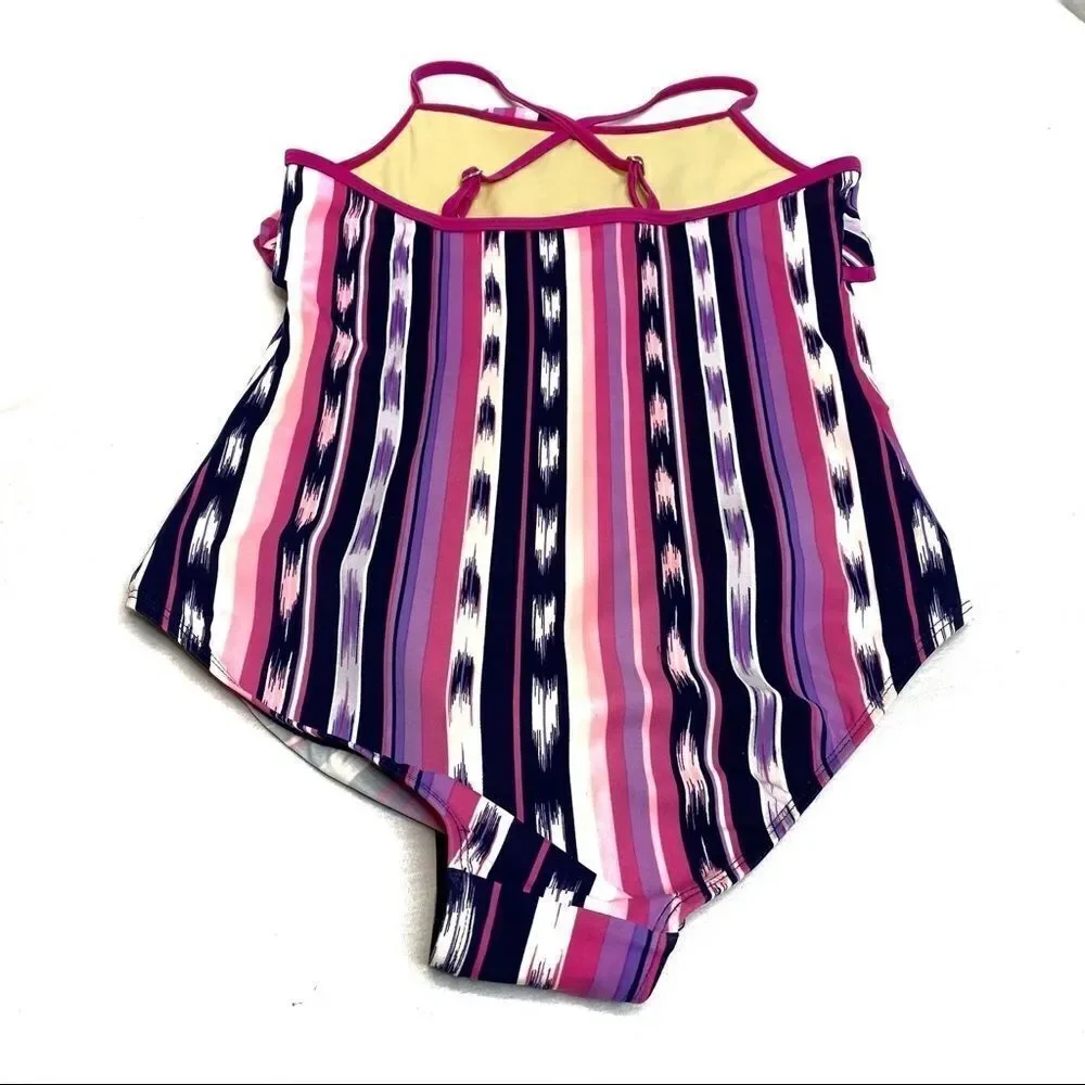 Lands End pink and purple vertical stripe one piece swimsuit size 12+